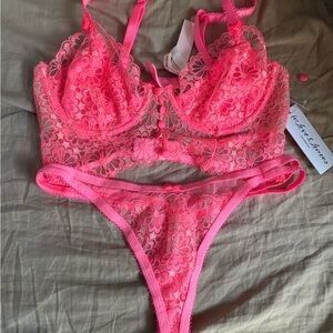 For Love And Lemons Neon Pink Floral Lace Bra Set